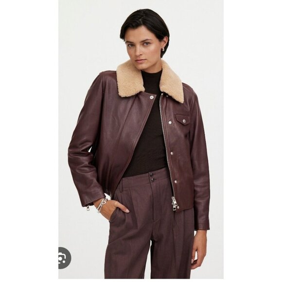 Madewell $625 Sherpa-Collar Asymmetric Zip-Front Jacket in Leather Size L NS382